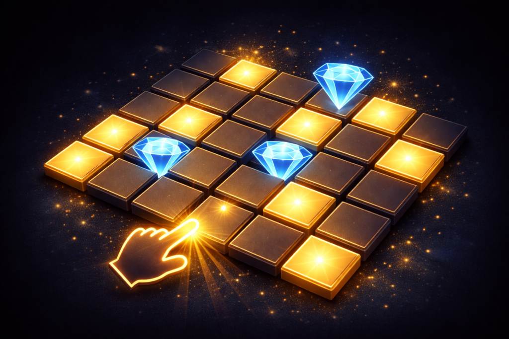 Grilla de juego Mines casino con casillas doradas y gemas descubiertas representando estrategia ganadora