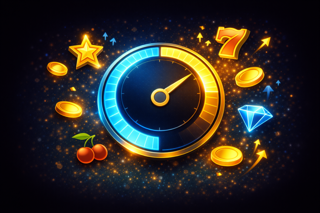 Medidor circular mostrando porcentaje RTP alto en tragamonedas de casino online con símbolos dorados