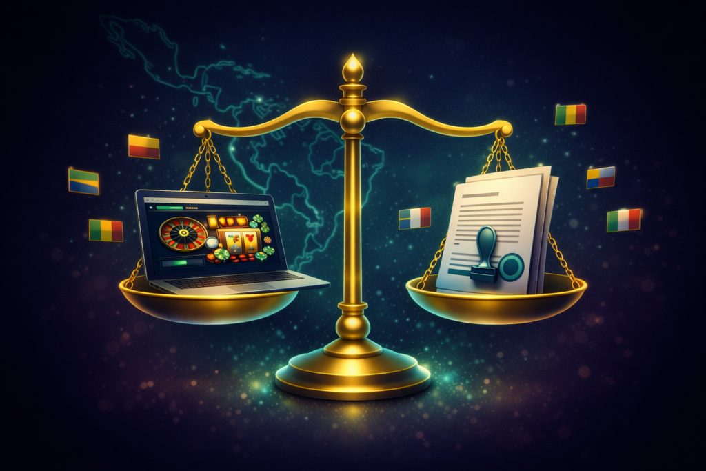 Balanza de justicia sobre mapa de América Latina evaluando la legalidad de casinos online por país